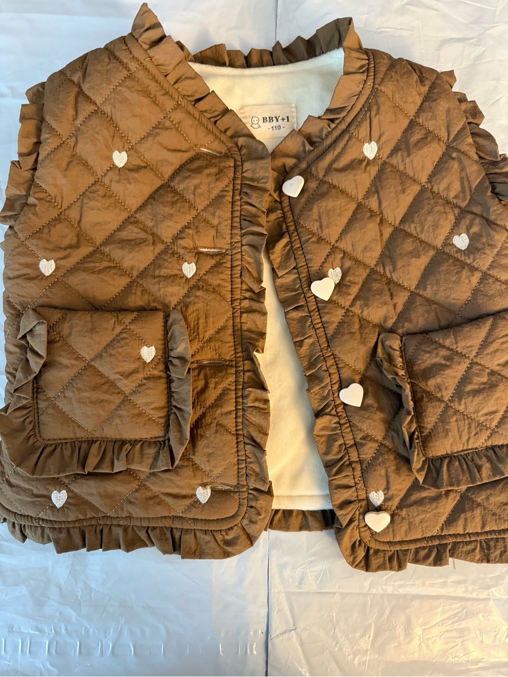 Girls' Brown Quilted Ruffle-Trim Puffer Jacket with Heart Buttons